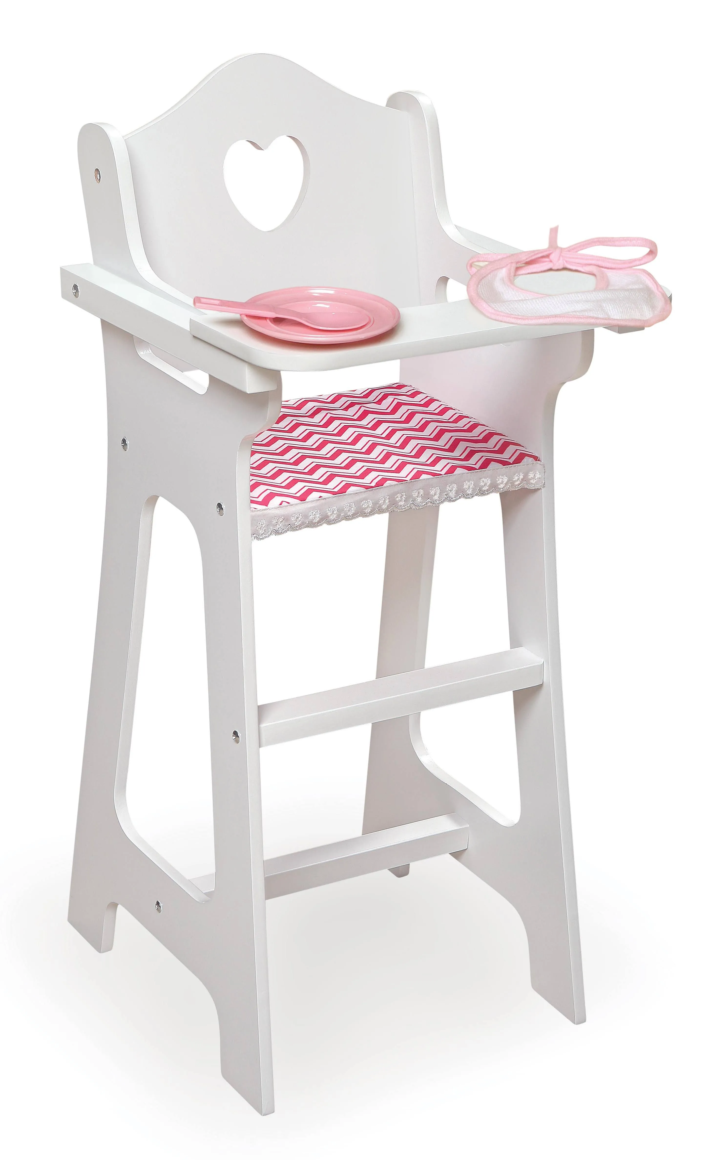 Badger Basket Doll High Chair with Plate, Bib, and Spoon - Chevron, White