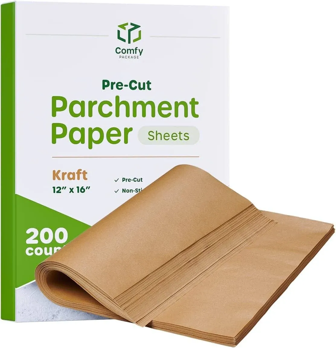 Comfy Package [12 x 16 Inch - 200 Count] Pre-Cut Parchment Paper Baking Sheets, Non-Stick, Unbleached, Parchment Paper Sheets for Baking & Cooking - Kraft