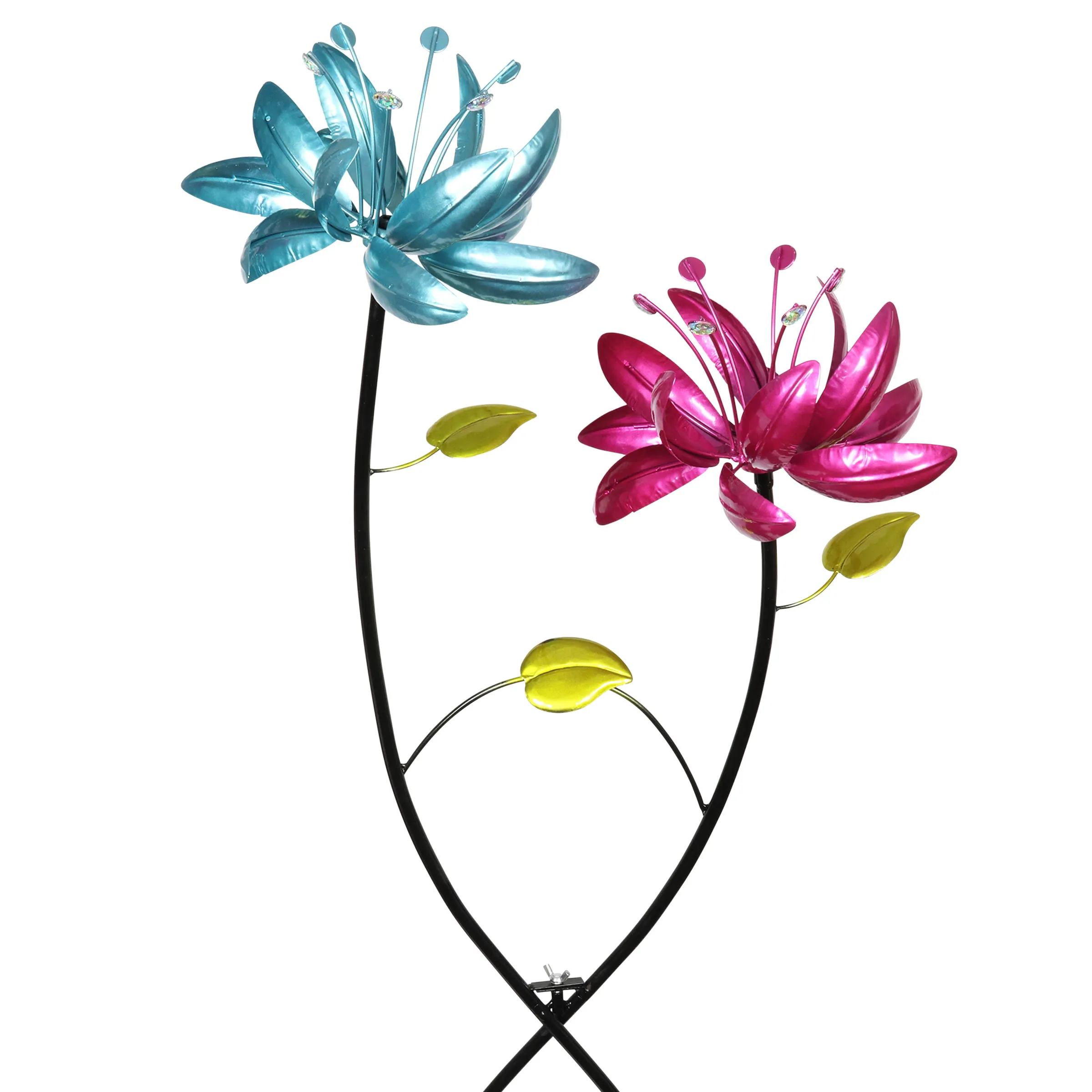 Exhart Flower Wind Spinner Garden Stake with Two Metallic Flowers, 20 by 47 Inches