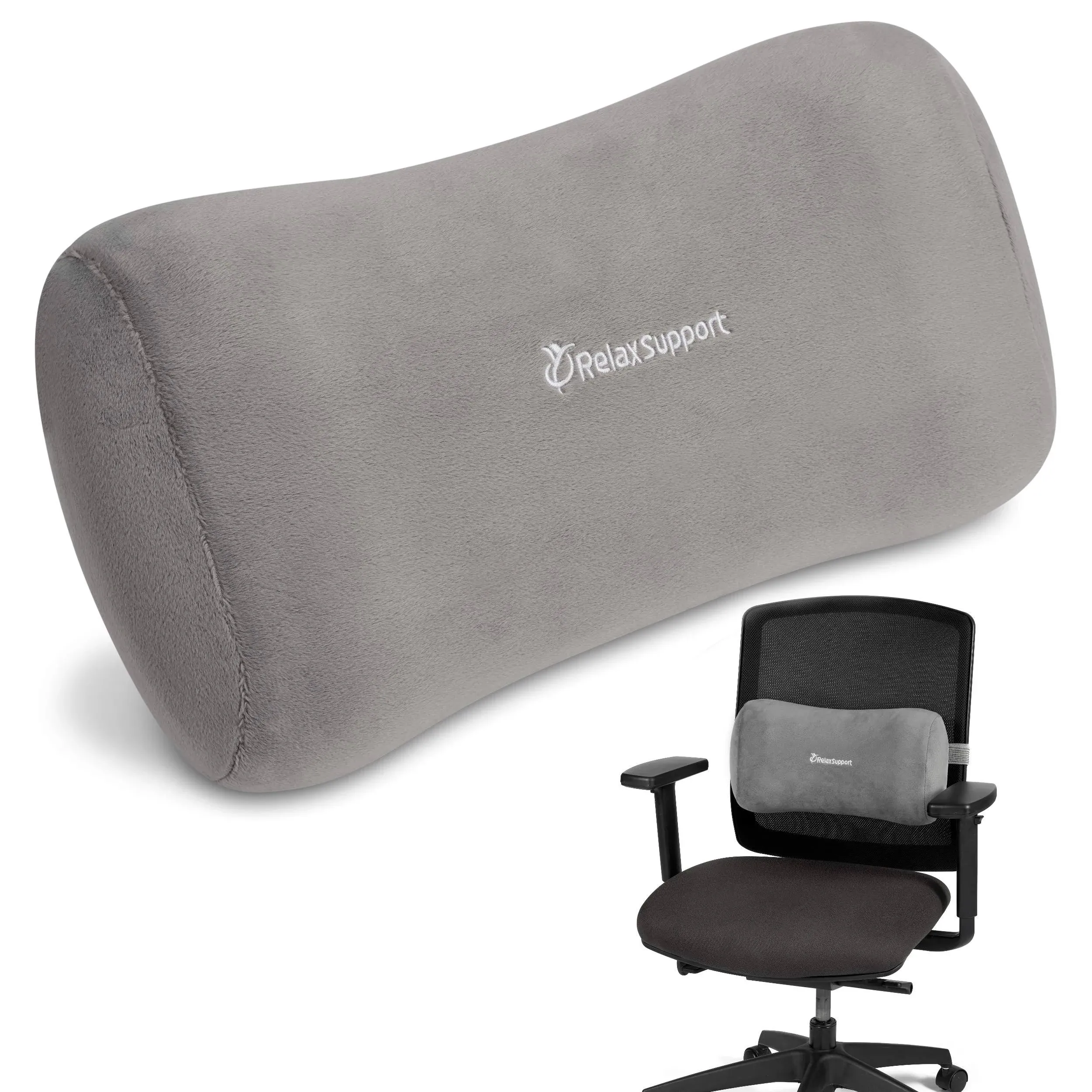 Relax Support RS11-X Lumbar Support Pillow - Medium Firm Memory Foam Office Chair Back Support - Promotes Spinal Alignment & Better Posture - Non-Slip Strap, Washable Cover - Fits Wheelchair, Recliner