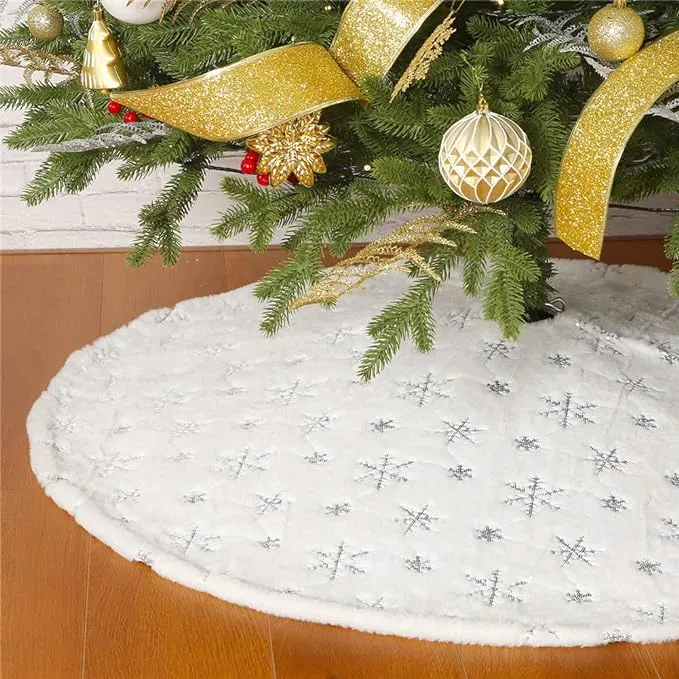 Christmas Sequin Tree Skirt 36in,White Soft Thick with Golden Snowflakes Deco...