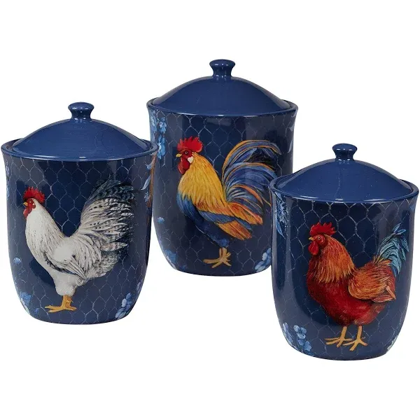 Certified International Indigo Rooster 3 pc Canister Set, 52 oz,74 oz. 96 oz, Multicolor