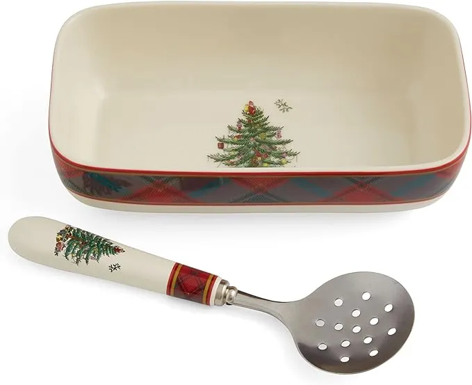 Spode Christmas Tree Tartan Rectangle Server with Slotted Spoon