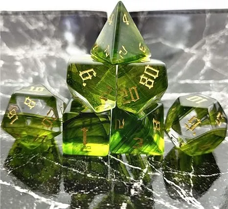 Truewon Stone Dice , Set of 7 Handmade Dice for RPG ,DND Made by Natural Gemstones. (Green Ribbon Glass)