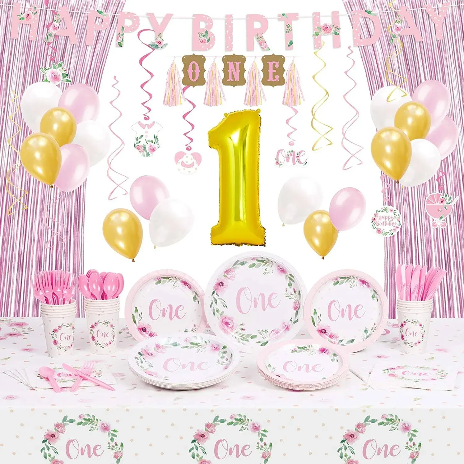 DECORLIFE First Birthday Plates and Napkin Sets for Girl Serves 16 1st Birthd...