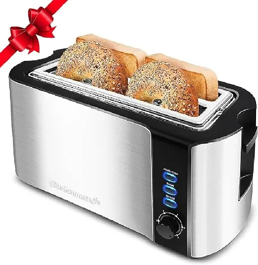 Elite Gourmet ECT-3100# Long Slot 4 Slice Toaster, Reheat, 6 Toast Settings, Defrost, Cancel Functions, Built-in Warming Rack, Extra Wide Slots for Bagels Waffles, Stainless Steel & Black