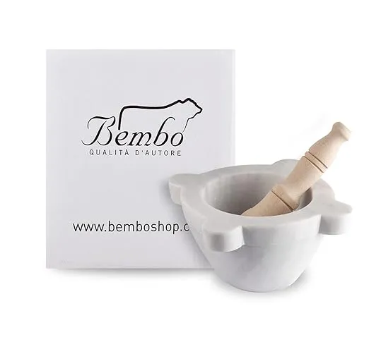 Bembo Mortar in White Carrara Marble with Pestle Made in Italy - for Pesto or Spices - Genovese Model (ø 16 cm)