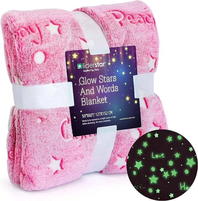 Glow in The Dark Throw Blanket, Super Soft Fuzzy Plush Fleece, Decorated with Stars and Words of Encouragement, Birthday Gift for Girls Kids Women Teens Grandkids Toddlers, Pink, 50" x 60"