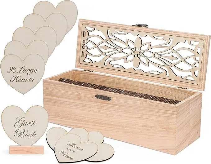 Alternative Guest Book Box - Wedding Guest book Alternative - 62 Large Wooden Hearts - Also for Baby Shower, Bridal Shower, Anniversary, Birthday, Retirement, Funeral Guest Book Alternatives, Pattern