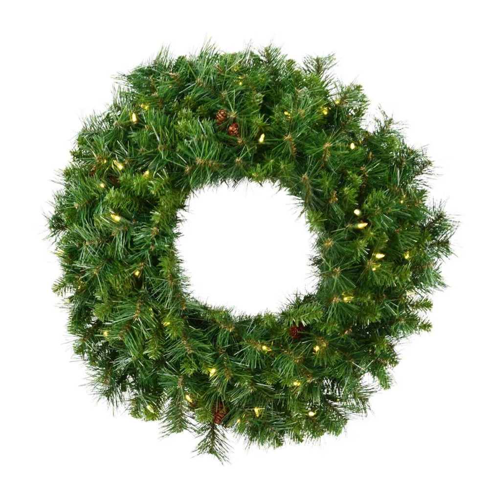 "Vickerman 84"" Cheyenne Pine Artificial Christmas Wreath, Warm White LED Lights Green"