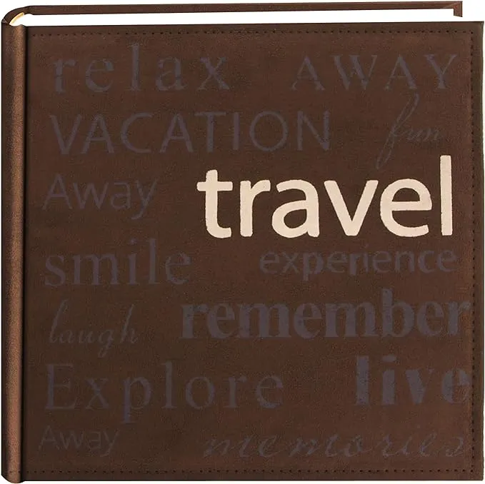 Pioneer &#034;Travel&#034; Text Design Sewn Faux Suede Cover Photo Album, Brown