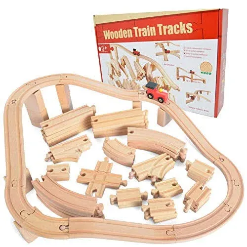 JOYIN 62 Pieces Wooden Train Track Expansion Set + 1 Bonus Toy Train