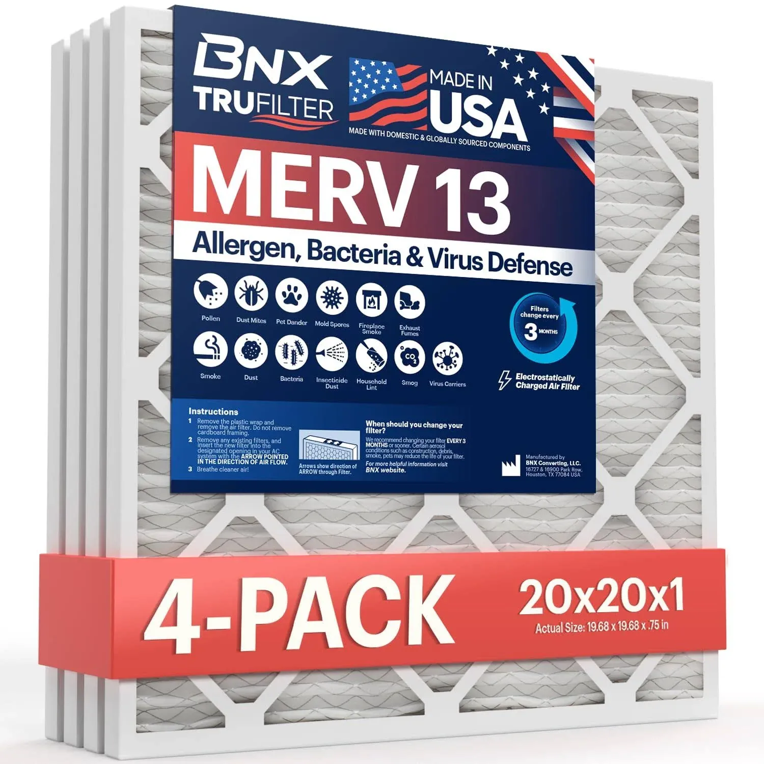 BNX TruFilter 16x20x1 Air Filter MERV 13 (4-Pack) - MADE IN USA - Electrostatic Pleated Air Conditioner HVAC AC Furnace Filters for Allergies, Pollen, Mold, Bacteria, Smoke, Allergen, MPR 1900 FPR 10