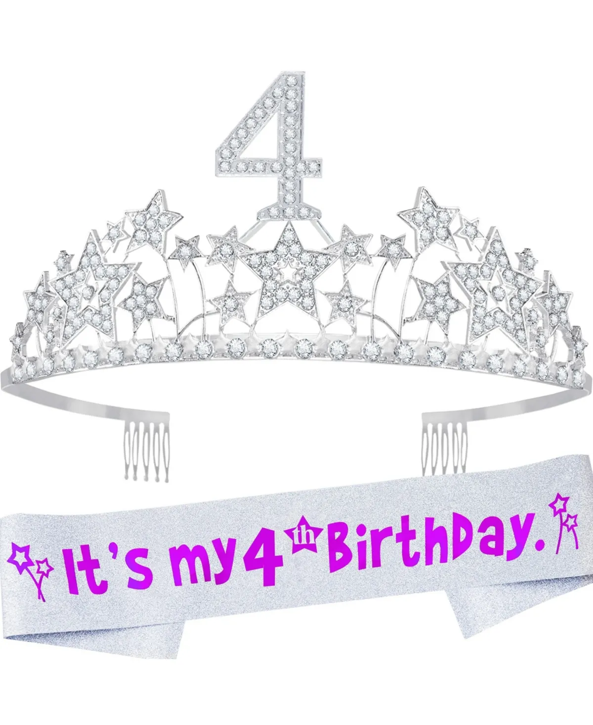 EBE EmmasbyEmma 4th Birthday Sash and Tiara for Girls - Fabulous Glitter Sash + Starry Sky Rhinestone Silver Premium Metal Tiara for Girls, 4th Birthday Gifts for Princess Party