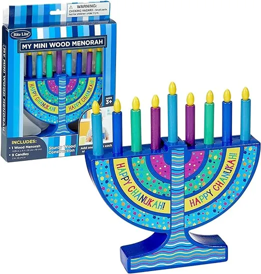 Rite Lite My Mini Wood Menorah with Removable Wood Candles - Colorful Chanukah Menorah for Kids Hanukkah Gifts Decorations Centerpiece, Jewish Holiday Party Favors Decor, Festival of Lights 5.75" H