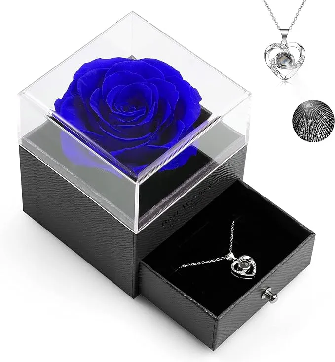 Preserved Real Rose with Heart Necklace and Greeting Card. Forever Rose Gifts for Women/Mom/Her/Girlfriend/Wife/Valentine’s Day/Birthday/Anniversary/Thanksgiving/Christmas and Wedding Gifts