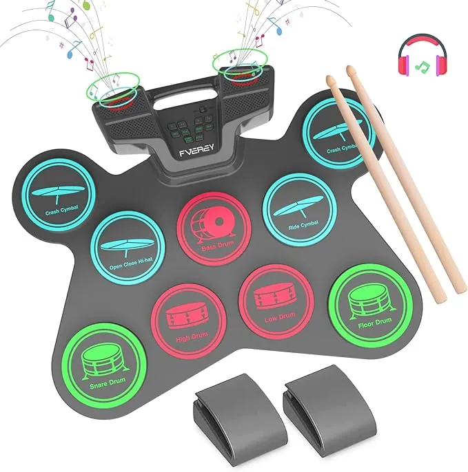 FVEREY Electronic Drum Set for Kids - 9 Drum Pads, 2 Pedals & 2 Sticks, Drum Kit with Headphone Jack, Rechargeable Drums Pad for Kid Age 8-12, Gifts for Boys & Girls Ages 7 8 9 10 11 12 13+ Year Old