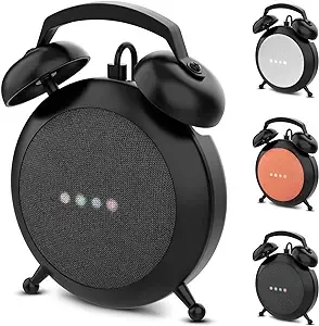 Portable Electronic Device Mount, Black - Google Home Mini and Nest Mini Stand Holder with Retro Alarm Clock Design, Protective Case & Cable Management