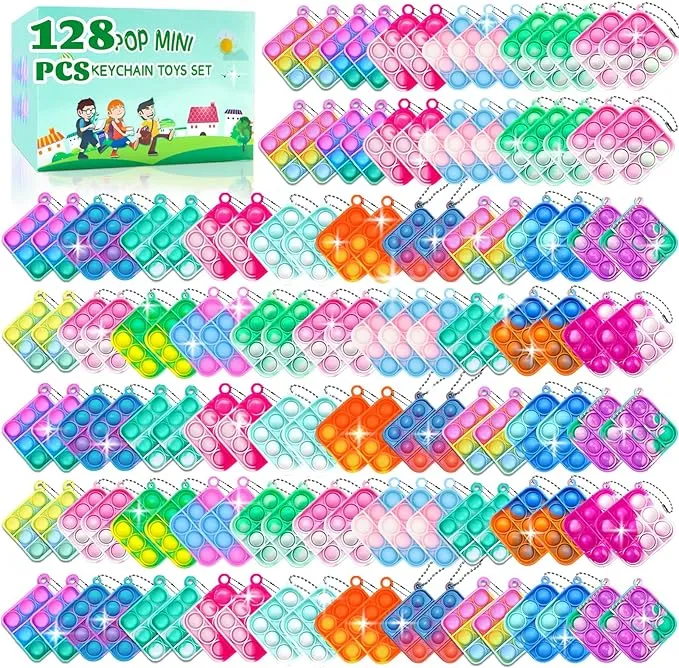 128 Pcs Pop Fidget Keychain It Fidget Toys Bulk , Party Favors for Kids 6-8 Fidgets Packs Sensory Stress Toy Mini Fidget Push Pop Keychain Toys Classroom Prizes for Boy Girl Adult