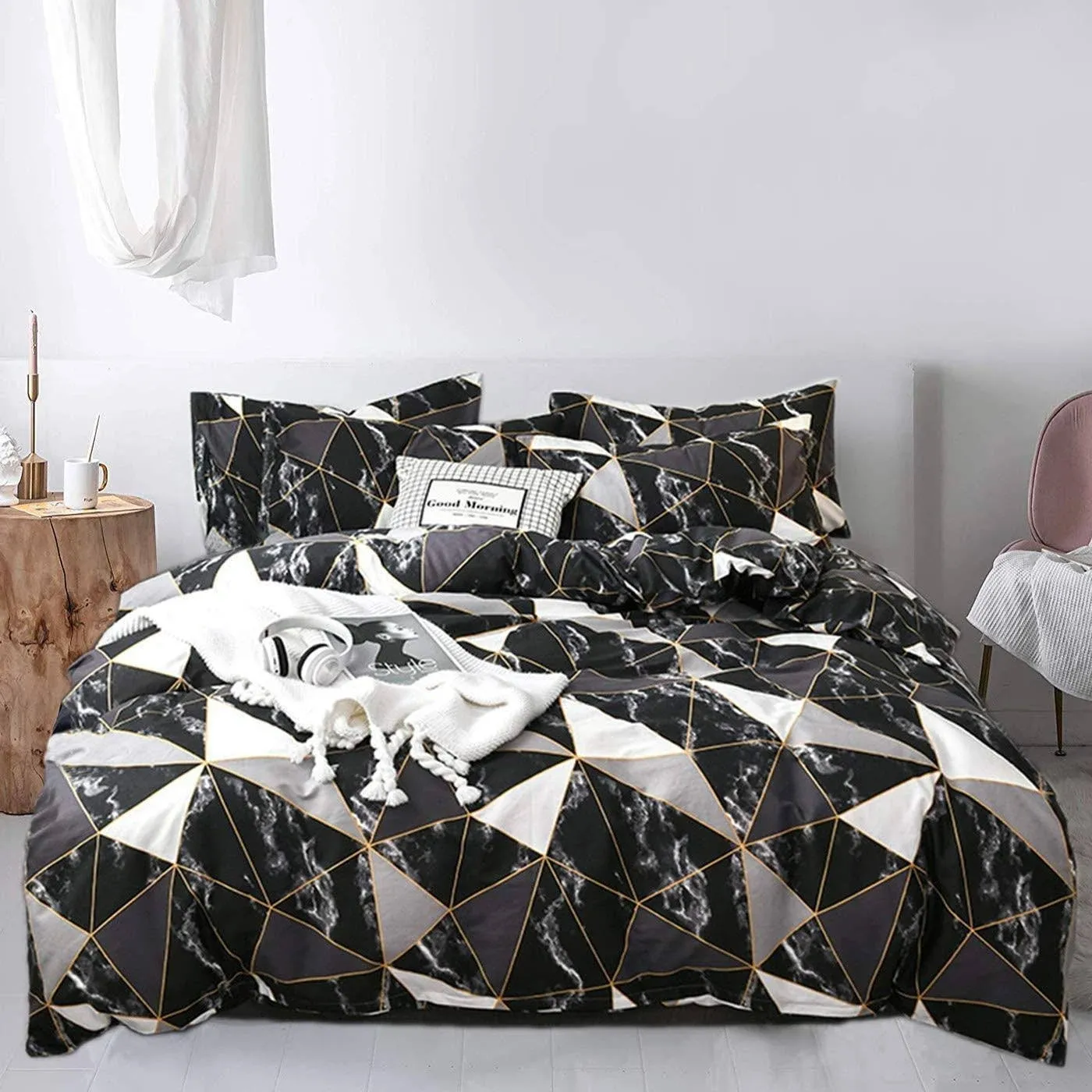 Jumeey Black Geometric Duvet Cover Twin Marble Bedding Set Black White Silver Grey Gold Duvet Cover Set Teens Abstract Modern Plaid Triangle Comforter Cover Blocks Boy Girls Black Bedding Twin Size