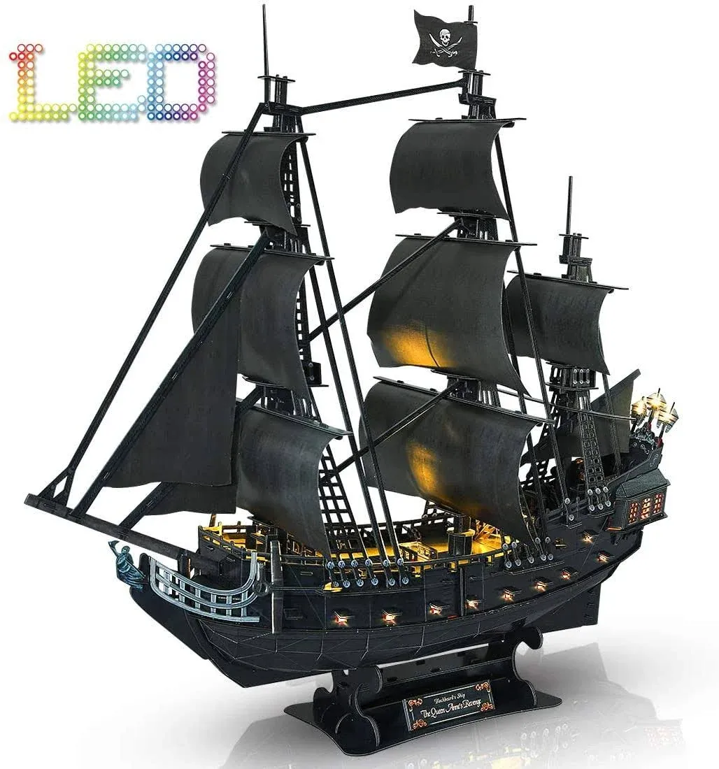 CubicFun 3D Puzzle LED Pirate Ship Queen Anne's Revenge Large 27’’ Model Kit Desk ...