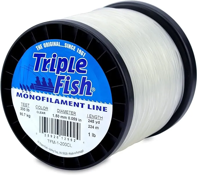 Triple Fish Mono Line, 200 lb (90.7 kg) Test, .059 in (1.50 mm) Diam, Clear, 1 lb (0.45 kg) Spool, 245 yd (224 M)