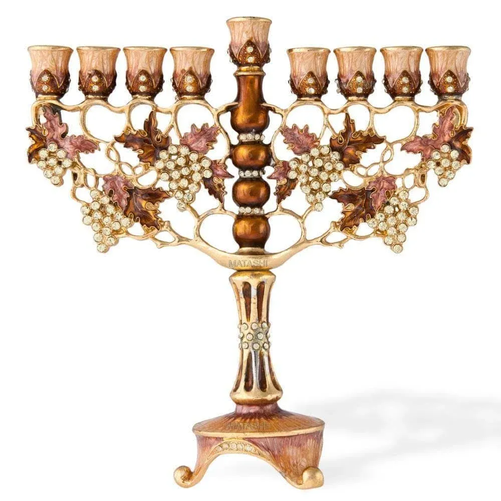 7.25&#034;Tall HandPainted Menorah Candelabra Embellished 24K Gold-High Quality Cryst