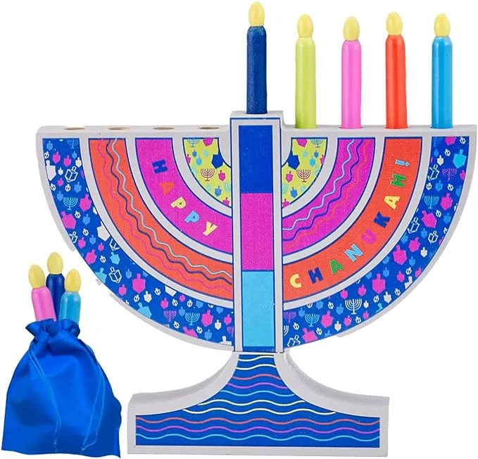 Rite Lite My Play Wooden Menorah with Removable Wooden Candles - Colorful Chanukah Menorah for Kids Hanukkah Gifts Decorations Centerpiece, Jewish Holiday Party Favors