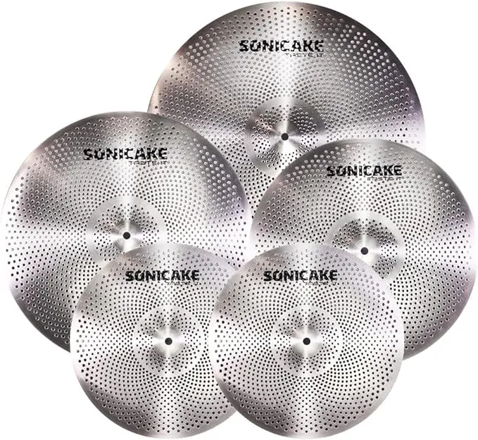 SONICAKE Low Volume Cymbal Pack Quiet Cymbal Set 14"Hi-hats+16"Crash+18"Crash+20"Ride 5 Pcs Mute Drum Cymbal Set Quiet Practice Cymbal, Sliver