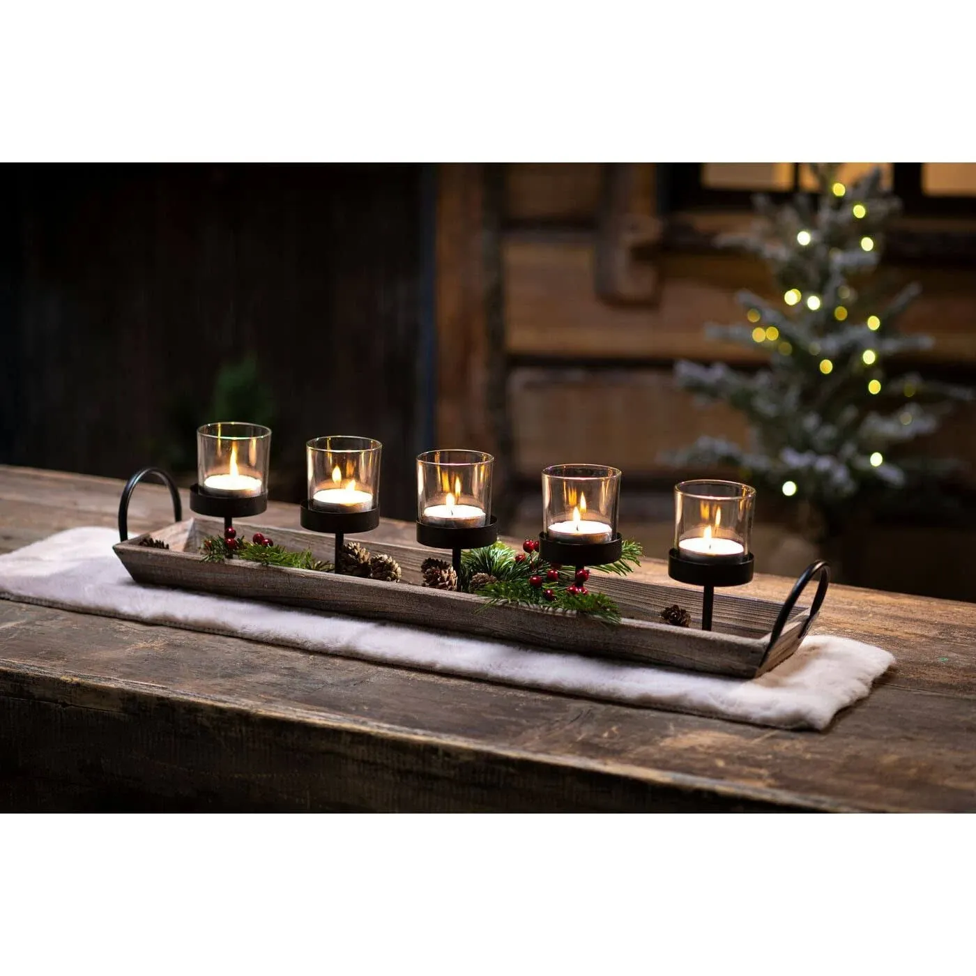 Westcharm 27.5 in. Rustic Wood Candle Centerpiece Tray w/ Five Metal Candle Holders