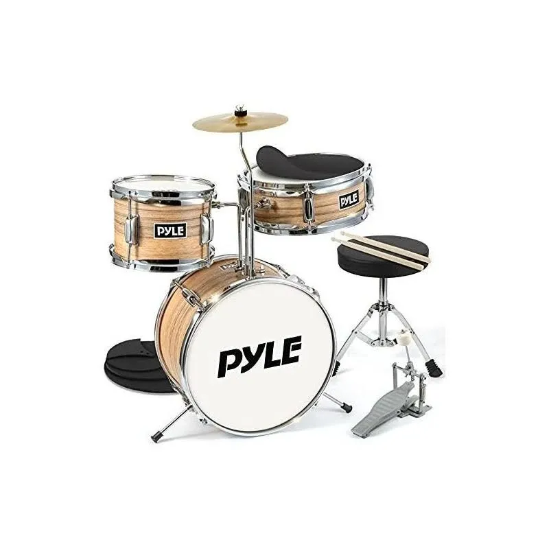 Pyle Kids Drum Set, 3 Piece Beginner Junior Drummer Kit with 13" Bass Drum, Snare, Tom, Cymbal, Adjustable Throne, Mutes, Drumsticks, Natural