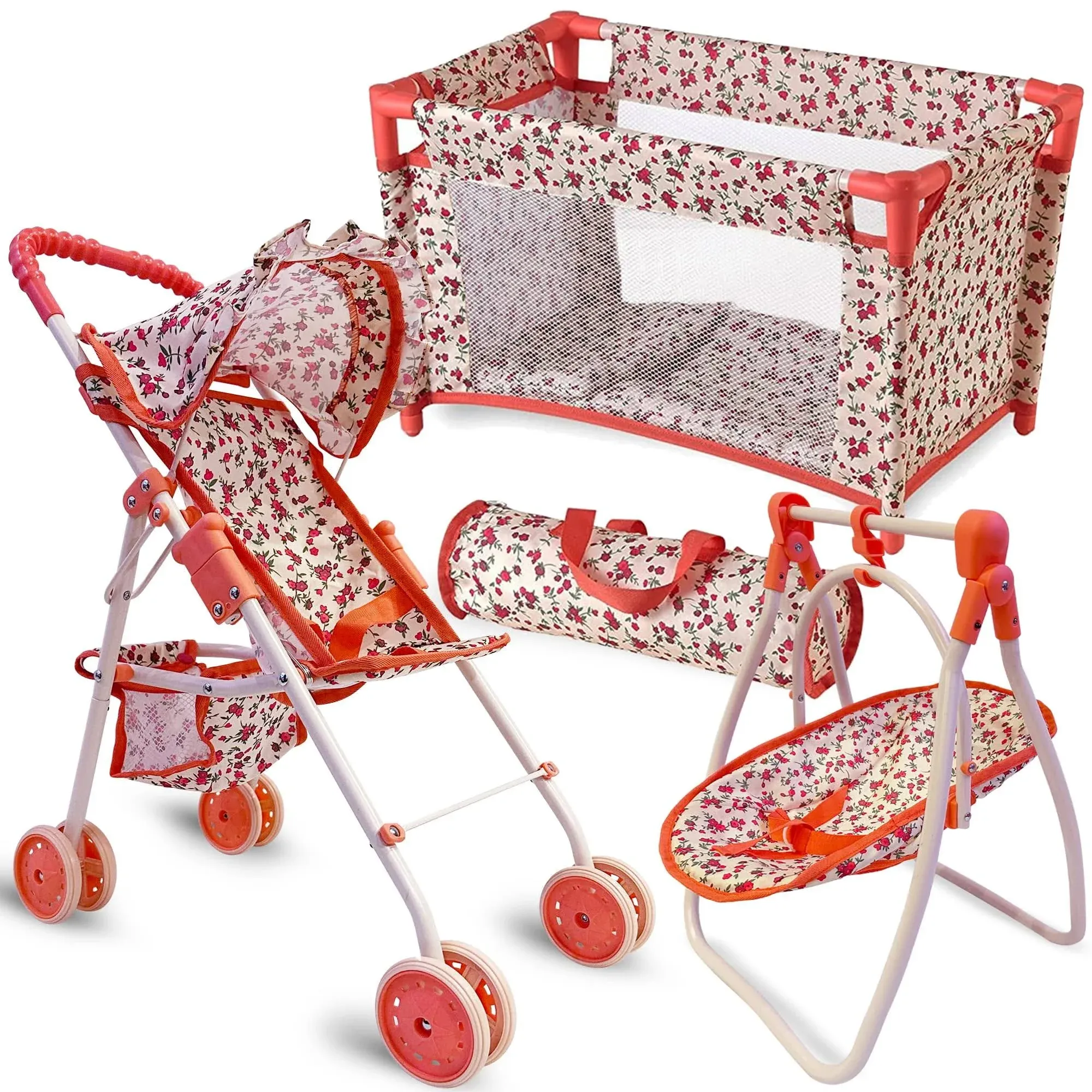 The New York Doll Collection 3-1 Baby Doll Furniture Set, Floral, Red