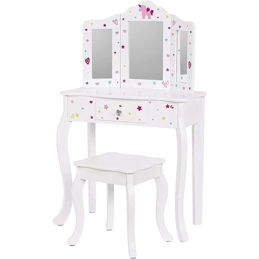 UTEX Pretend Play Kids Vanity Table and Chair Vanity Set with Mirror Makeup Dressing Table with Drawer，Play Vanity Set,Pink