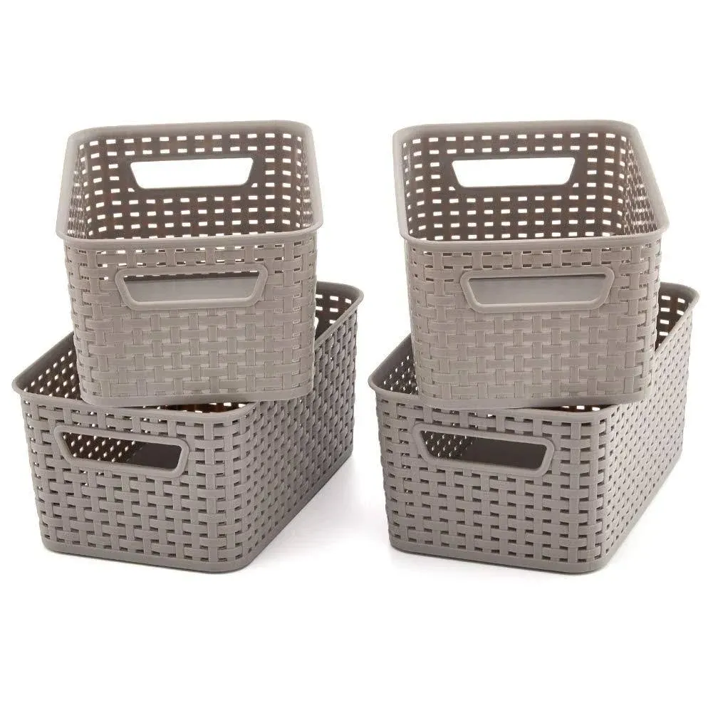 EZOWare Pack of 4 Small Gray Plastic Woven Knit Baskets 11 x 7.3 x 5 inch Sto...