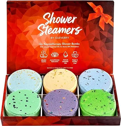 Cleverfy Shower Steamers Aromatherapy - Variety Gift Box of 6 Shower Bombs with Essential Oils. Self Care Christmas Gifts for Women and Stocking Stuffers for Adults and Teens. Red Set