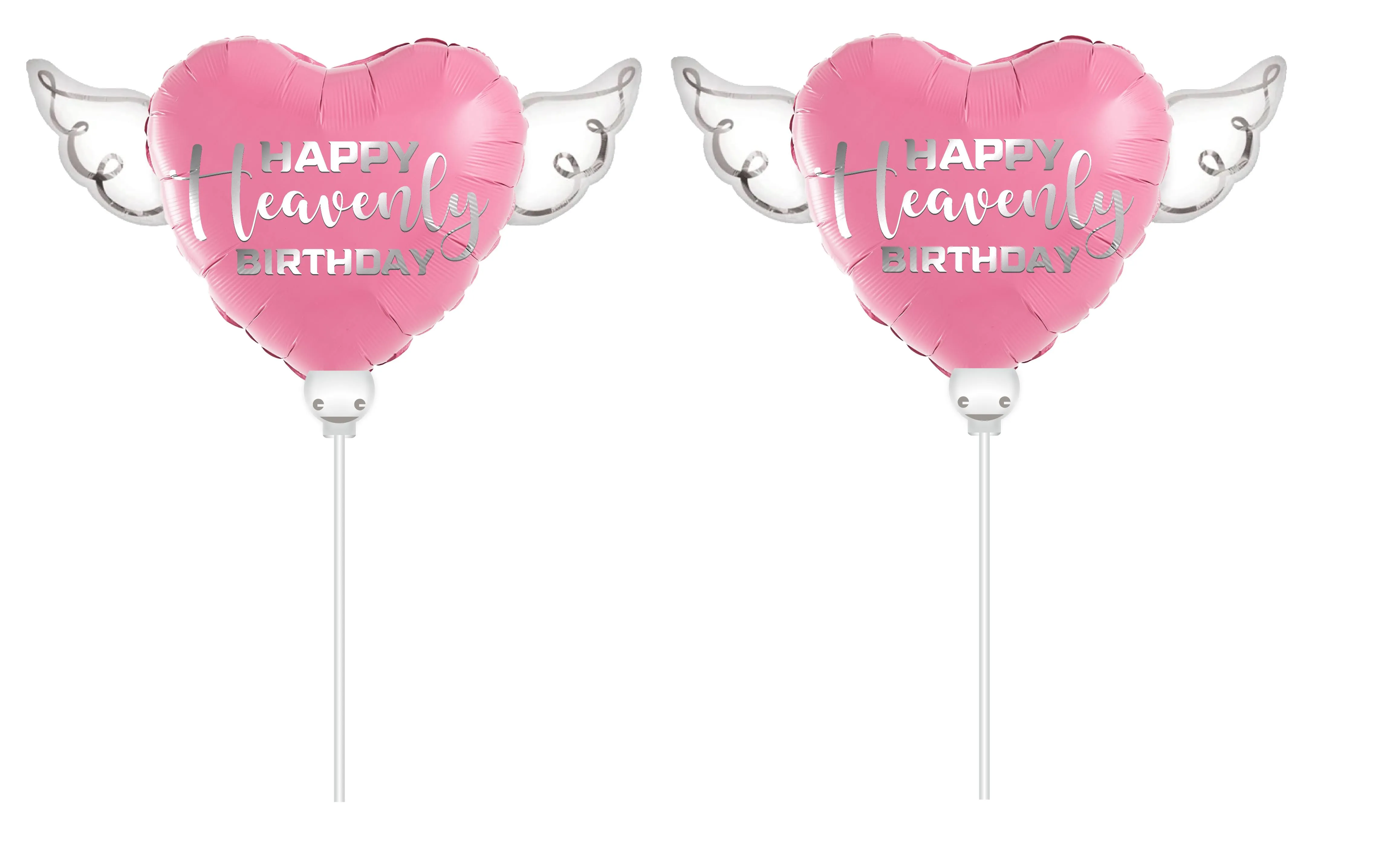 Happy Heavenly Birthday ® pink balloons on a stick heart shaped with angel wings (2 Pack)