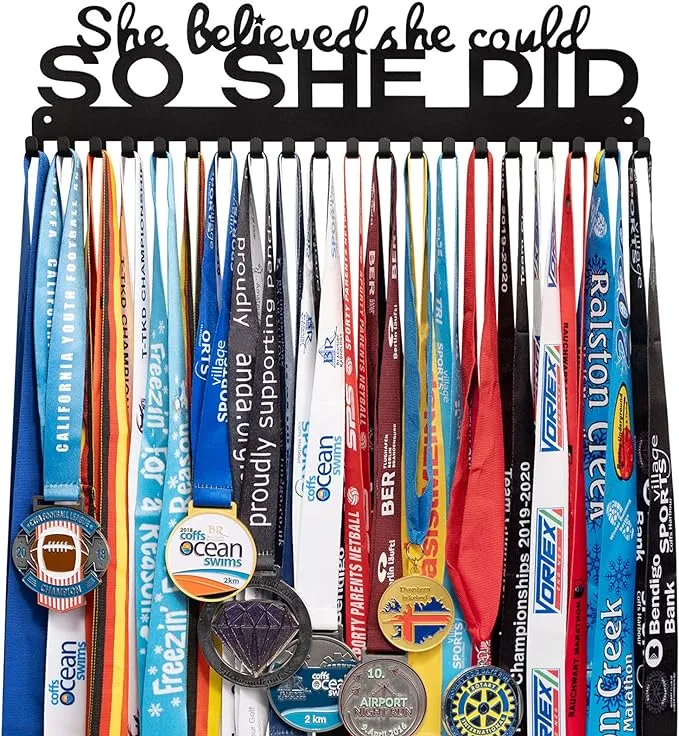 She Believed She Could SO SHE DID Medal Hanger Holder Display Wall Rack Frame-Running Medal Hanger Display Awards Ribbon Cheer,Marathon,Gymnastics,Soccer,Softball