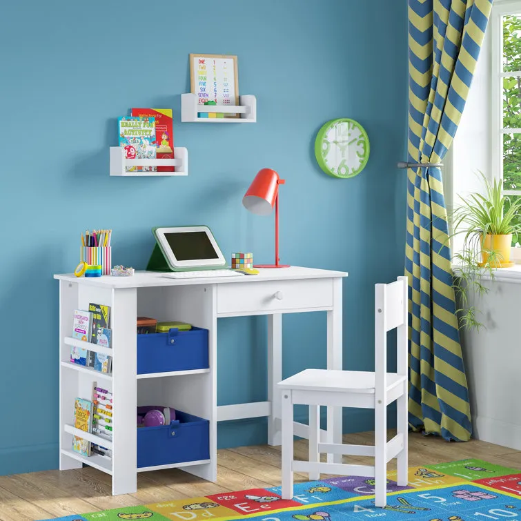 RiverRidge Kids Desk and Chair Playroom Set with 2 Art Storage Cubbies, 2 Side Bookshelves, and 2 10" Floating Bookshelves- White