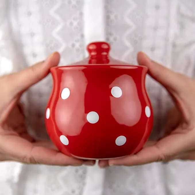 Handmade Red and White Polka Dot Ceramic Sugar Bowl, Pot With Lid | Pottery Hone