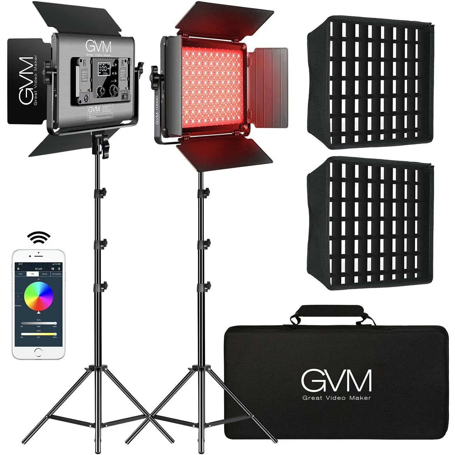 GVM RGB LED Studio Video Light Bi-Color Soft 2-Light Panel Kit 1000D-2L with 2 ...