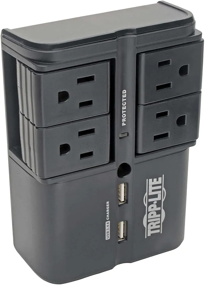 Tripp Lite 4 Rotatable Outlet Surge Protector Power Strip, Wall Tap, 2 USB Charging Ports, Black, $25,000 Insurance (SK40RUSBB)