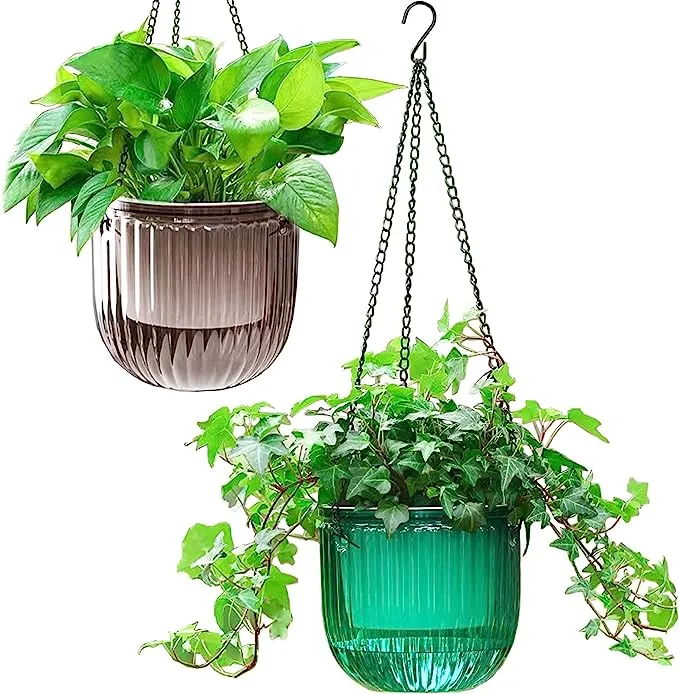 Melphoe 2 Pack Self Watering Hanging Planters Indoor Flower Pots, 6.5 Inch Outdoor Hanging Plant Basket, Hanger with 3Hooks Drainage Holes for Garden Home (Emerald + Gray)