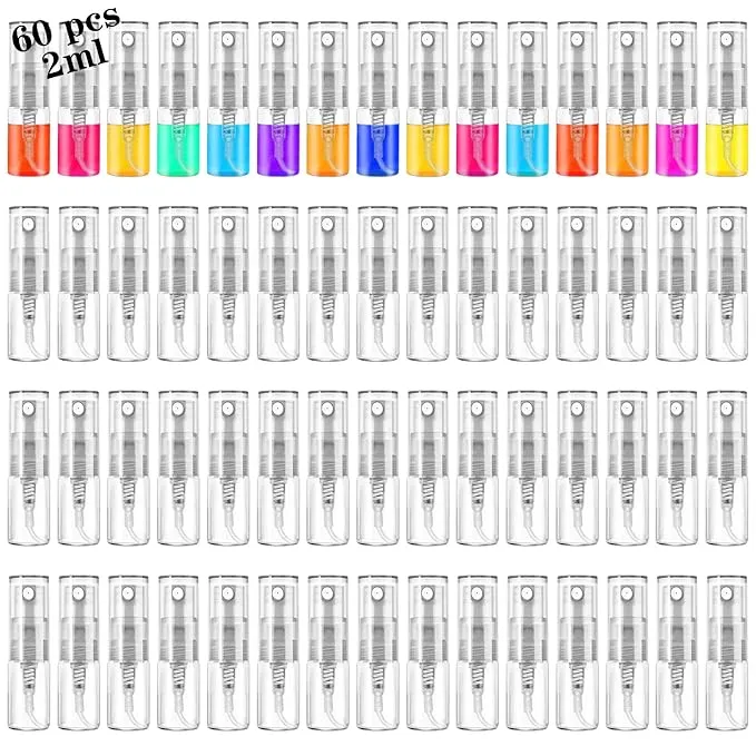 Mini Spray Bottle 2ml, Refillable Glass Spray Bottle, Glass Bottle Atomizer, Perfume Mouthwash Atomizer for Cleaning 2ml Refillable Container for Travel, Essential Oils, Perfume 60 Pcs, 2ml