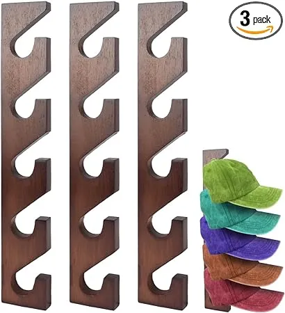 3 Pcs Hat Rack for Baseball Caps, Wall Mounted Wooden Hat Storage Organizer Hanger, Wall Vertical Hat Holder Caps Display Rack for Closet Door Bedroom Living Room Entryroom Laundry (Walnut)