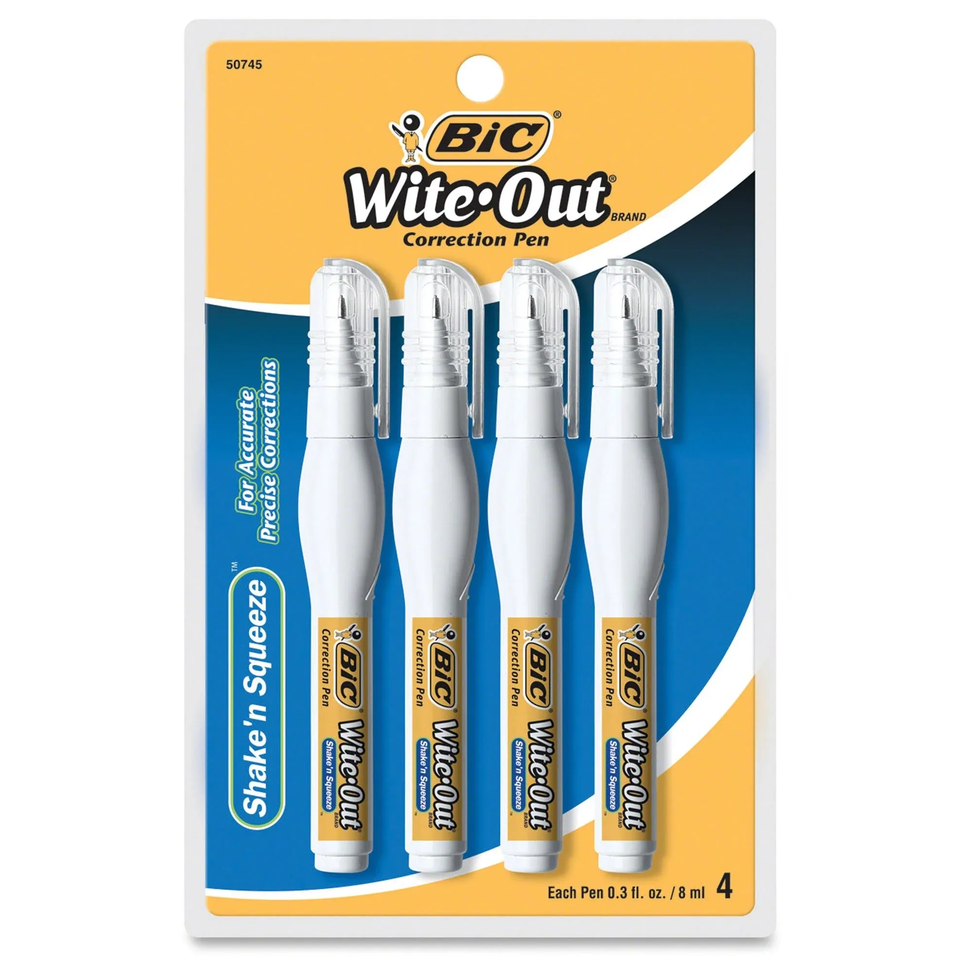 Wite-Out Shake 'n Squeeze Correction Pen, 8 mL, White, 4/Pack Bic