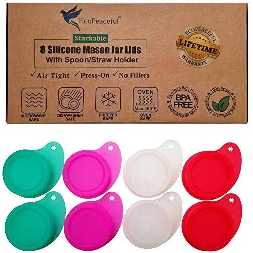 8 Silicone Mason Jar Lids w/Utensil Holder (for Spoon or Straw) - PUSH-ON Mason Jar Caps - One Size For Wide & Regular Mouth Mason Jar Tops - BPA-free, PVC-free, Airtight, Reusable, Vegan