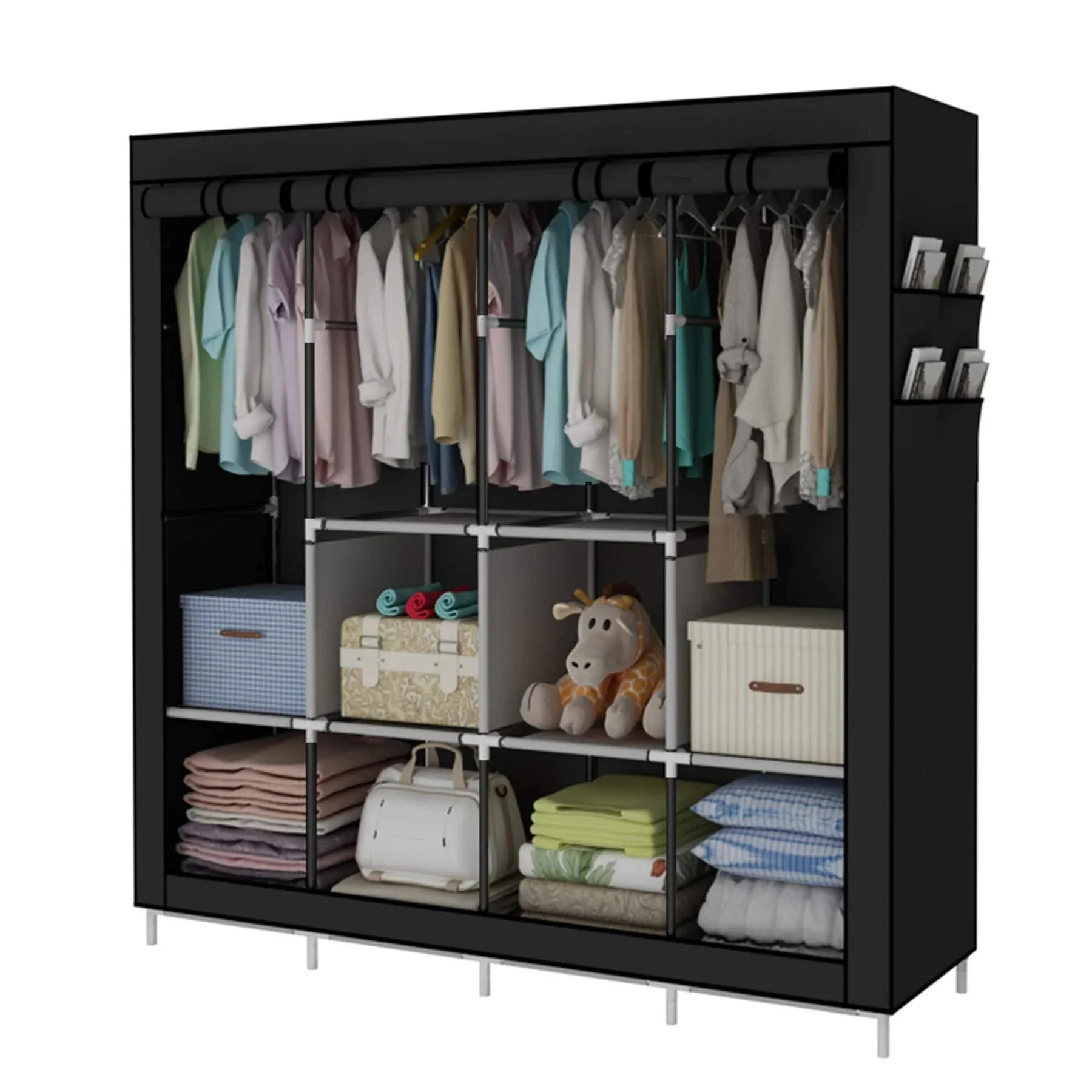 Portable Wardrobe Clothing Wardrobe Shelves Clothes Storage Organiser with 4 Hanging Rail,Black