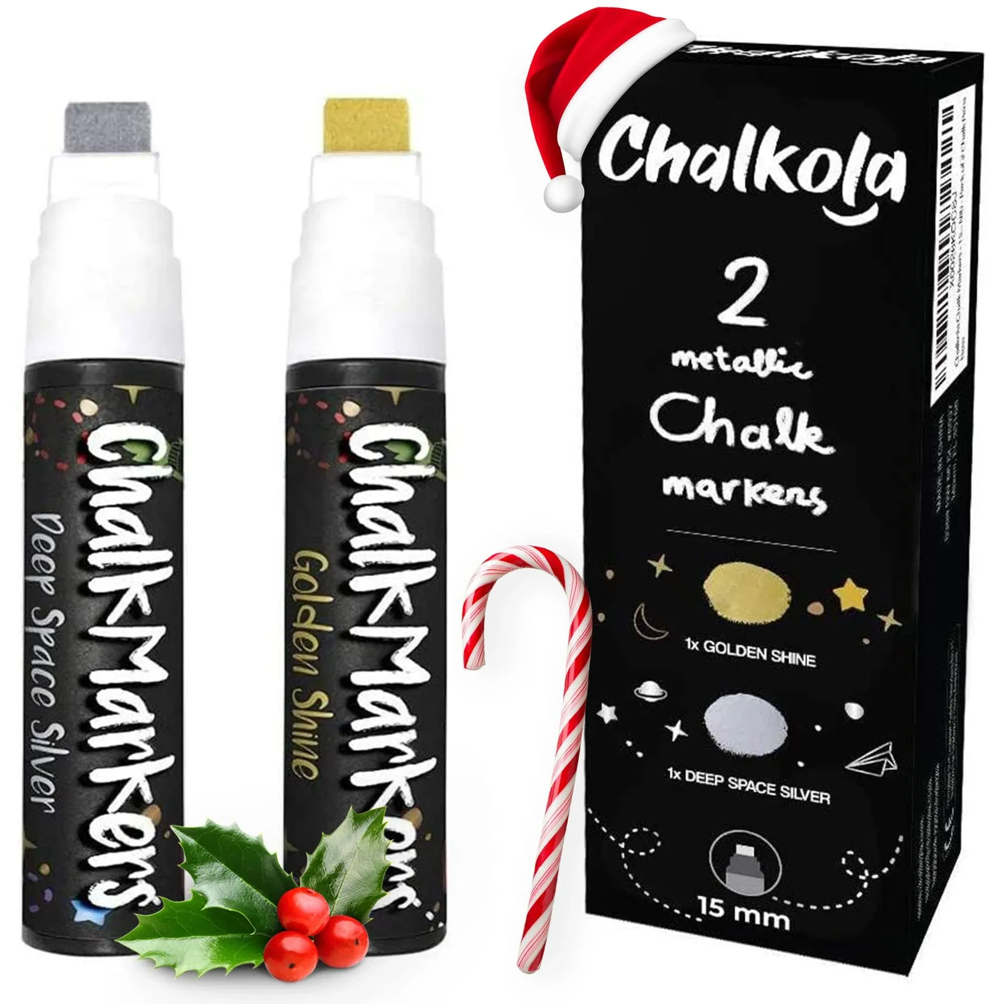 Metallic Chalk Markers (2 Pack) Liquid Chalk Pens for Blackboards, Chalkboard, Bistro Menu, Window Markers for Cars - Wet Wipe Erasable - 15mm Jumbo