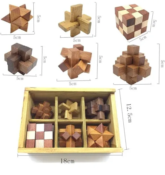 Guaishou 6-in-One 3D Luxury Wooden Brain Puzzle Teaser Kongming Lock for Teens and Adults Includes Storage Box