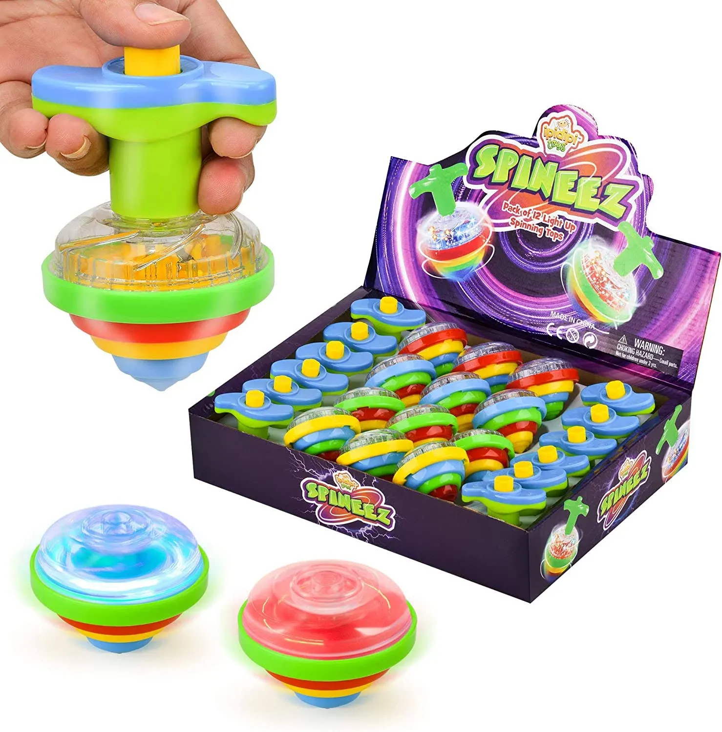 Light Up Spinning Tops for Kids, Set of 12, UFO Spin Toys with Flashing LED Lights, Fun Birthday Party Favors, Goodie Bag Fillers, Birthday Supplies for Boys and Girls